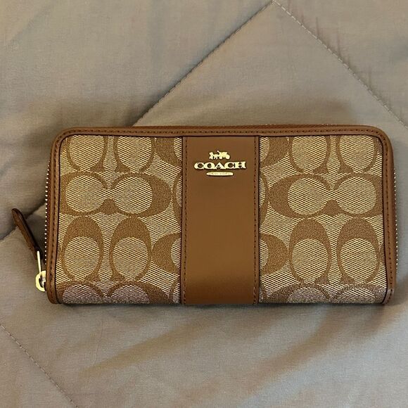 Handbags - Coach Tan and Brown Signature Zip Wallet